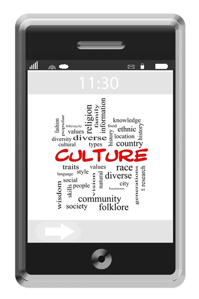 터치 스크린 휴대 전화에 문화 단어 클라우드 개념 — 스톡 사진