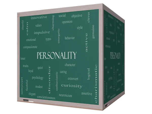 Personlighet ordet moln koncept på en 3d-kub blackboard — Stockfoto