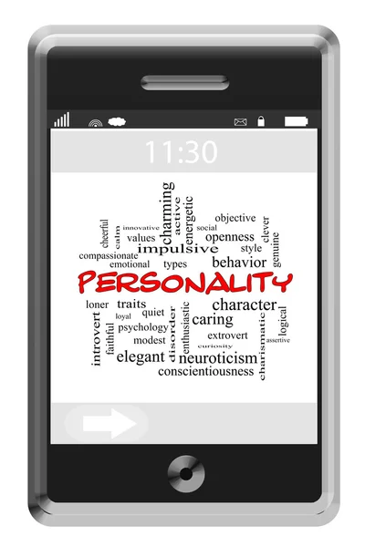 Personalidad Word Cloud Concept en un teléfono con pantalla táctil — Foto de Stock