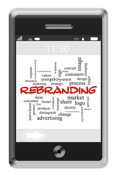 Rebranding Word Cloud Concept on a Touchscreen Phone — Stock Photo, Image