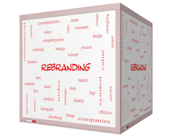 Rebranding Word Cloud Concept on a 3D cube Whiteboard — Stock Photo, Image