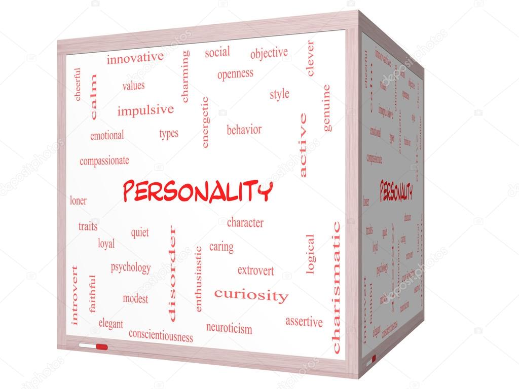 Personality Word Cloud Concept on a 3D cube Whiteboard