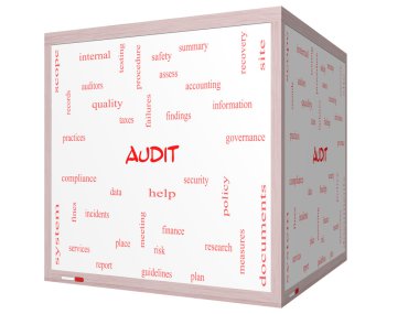 Audit Word Cloud Concept on a 3D cube Whiteboard clipart