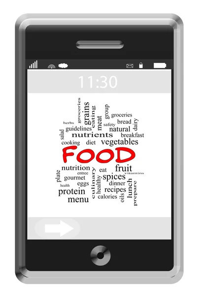 Food-Word-Cloud-Konzept auf einem Touchscreen-Handy — Stockfoto