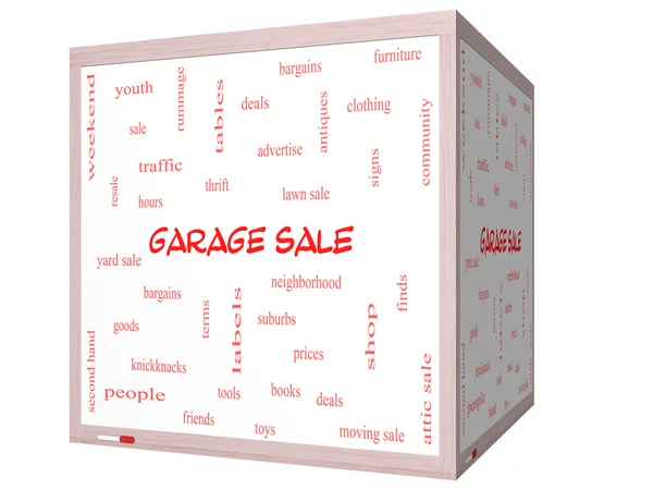 Garázs eladó szó felhő fogalmát a 3d kocka faliújság — Stock Fotó