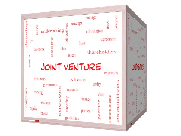 Joint Venture Word Cloud Concept em um quadro branco de cubo 3D — Fotografia de Stock