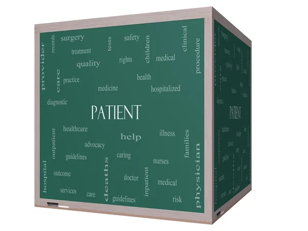 Patiënt woord wolk concept op een 3D-kubus schoolbord — Stockfoto