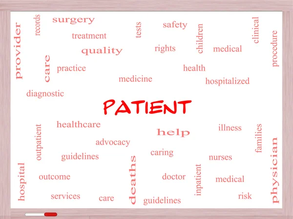 Patient Word Cloud Concept on a Whiteboard — Stock Photo, Image
