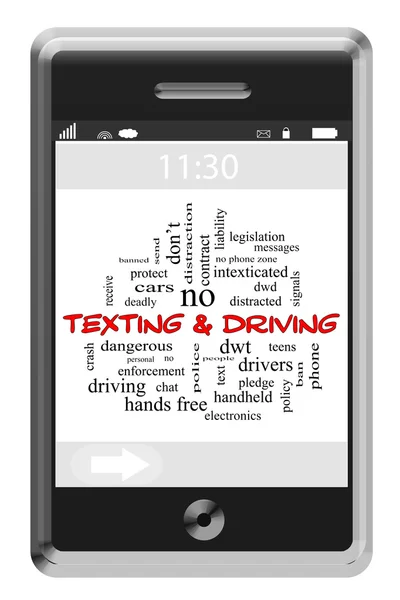 Mensajes de texto y conducción de Word Cloud Concept en un teléfono con pantalla táctil — Foto de Stock