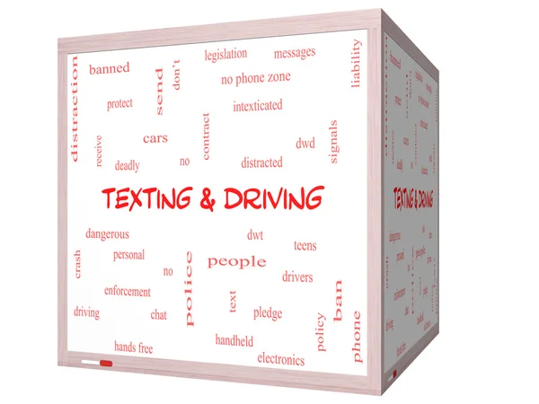 Texting and Driving Word Cloud Concept on a 3D Whiteboard — Stock Photo, Image
