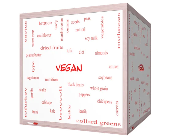 Vegan Word Cloud Concept on a 3D cube Whiteboard — Stock Photo, Image
