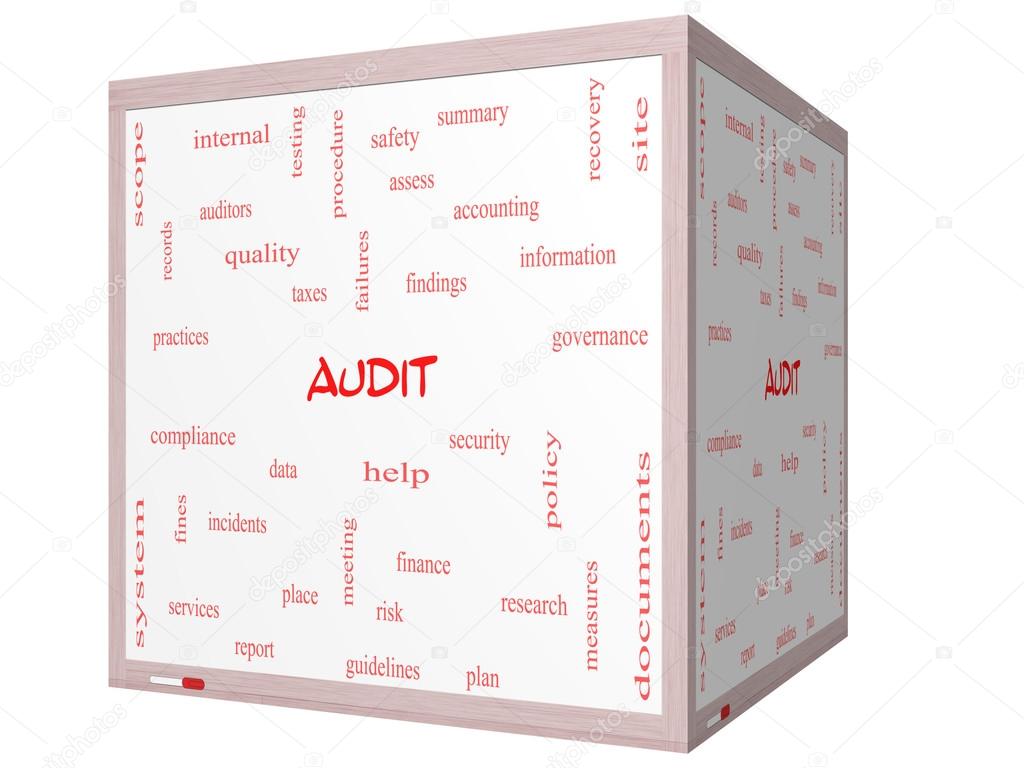 Audit Word Cloud Concept on a 3D cube Whiteboard