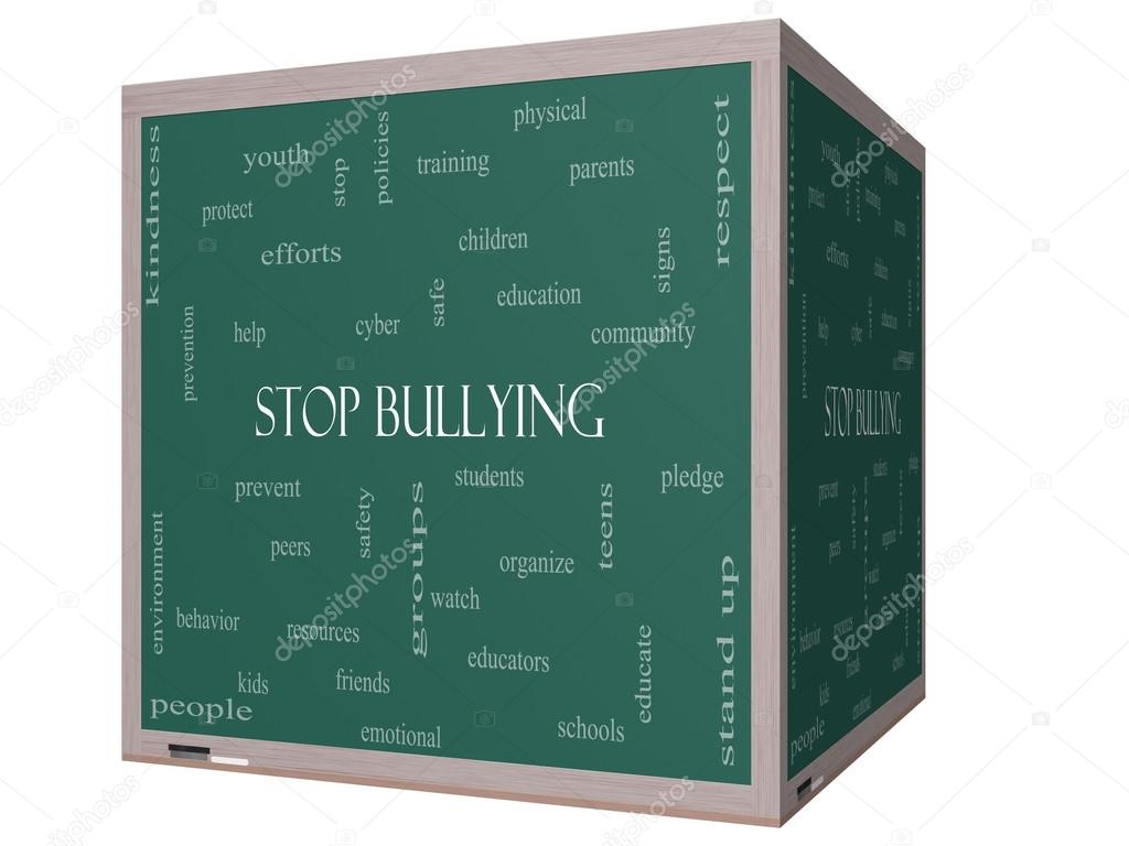 Stop Bullying Word Cloud Concept on a 3D cube Blackboard