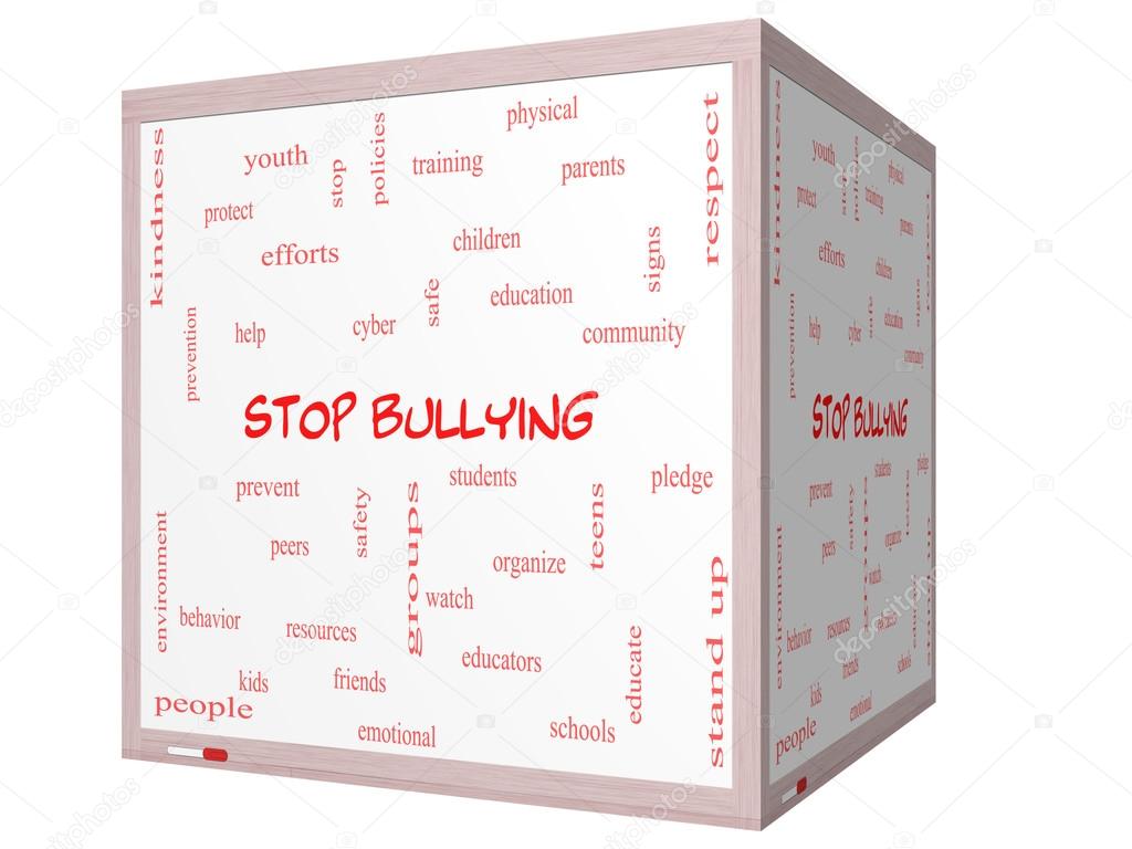 Stop Bullying Word Cloud Concept on a 3D cube Whiteboard
