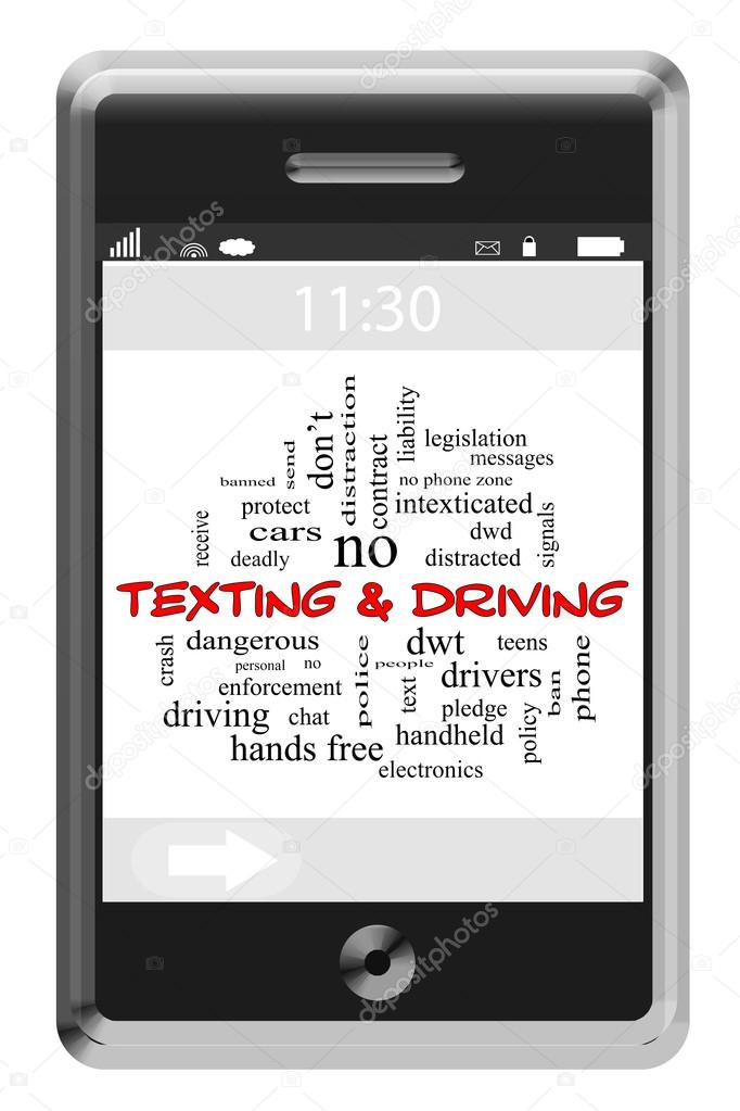 Texting and Driving Word Cloud Concept on a Touchscreen Phone
