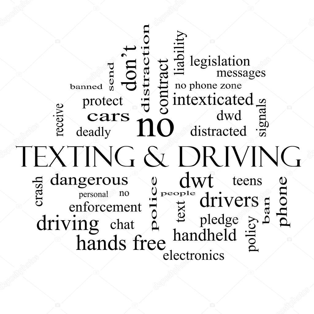 Texting and Driving Word Cloud Concept in black and white