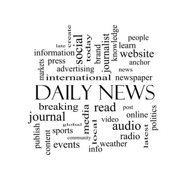 Daily News Word Cloud Concept in black and white clipart
