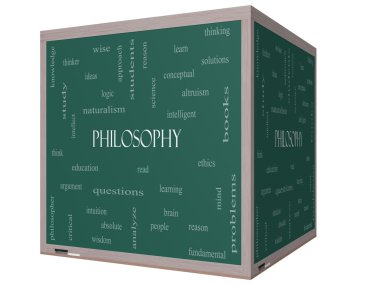 Felsefe sözcüğü bulut kavramı üzerinde bir 3d cube yazı tahtası
