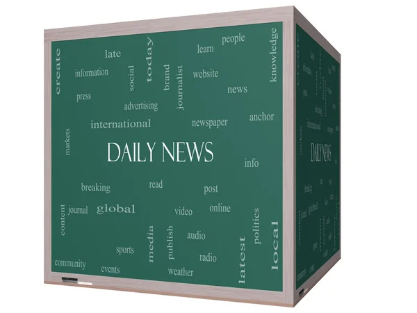 Daily News Word Cloud Concept on a 3D cube Blackboard — Stock Photo, Image