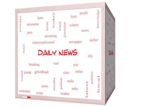 Daily News Conceito de nuvem de palavras em um quadro branco de cubo 3D — Fotografia de Stock