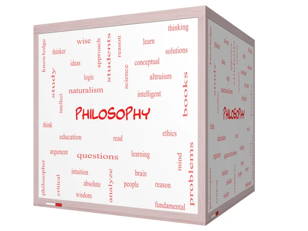 Filosofi ordet moln koncept på en 3d kub whiteboard — Stockfoto
