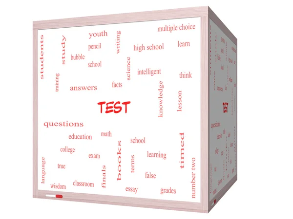 Test Word Cloud Concept on a 3D cube Whiteboard — Stock Photo, Image