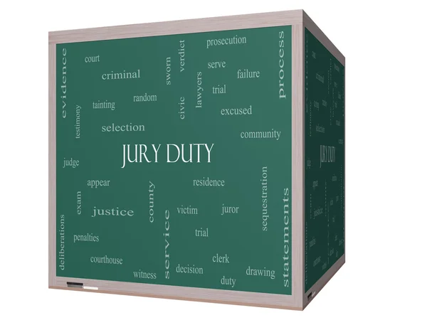 Jury plicht woord wolk concept op een 3D-kubus schoolbord — Stockfoto