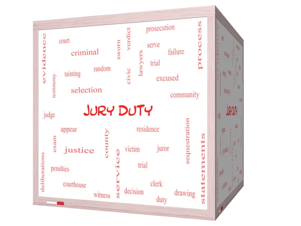 Jury Duty Word Cloud Concept on a 3D cube Whiteboard — Stock Photo, Image