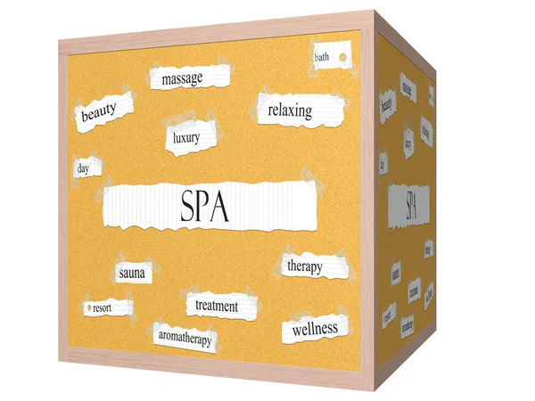 Conceito de palavra de corkboard de cubo de Spa 3D — Fotografia de Stock