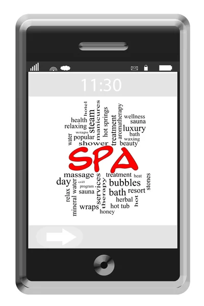 Spa Wort Cloud-Konzept auf einem Touchscreen-Handy — Stockfoto