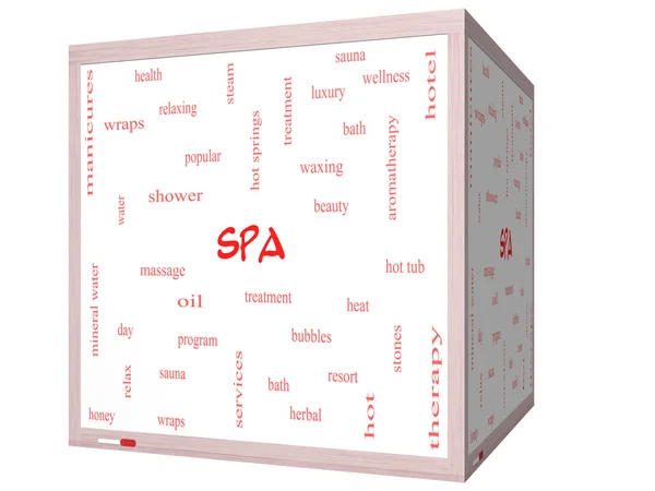 Spa Word Cloud Concept on a 3D cube Whiteboard — Stock Photo, Image