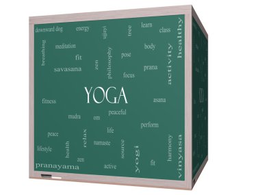 Yoga kelime bulutu kavramı üzerinde bir 3d cube yazı tahtası