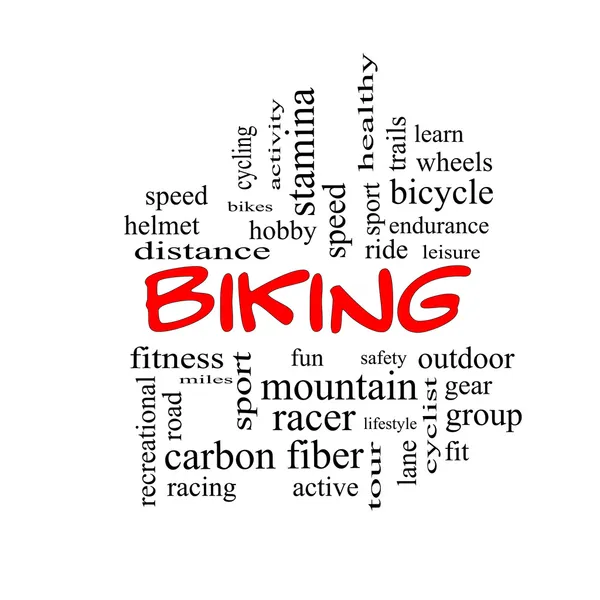 Biking Word Cloud Concept i røde hetter – stockfoto