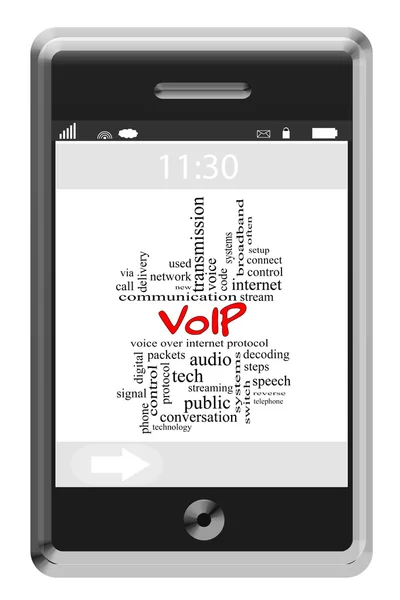 Concetto VOIP Word Cloud su un telefono touchscreen — Foto Stock