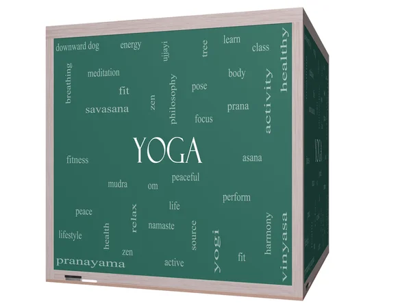 Yoga Word Cloud Concept on a 3D cube Blackboard — Stock Photo, Image