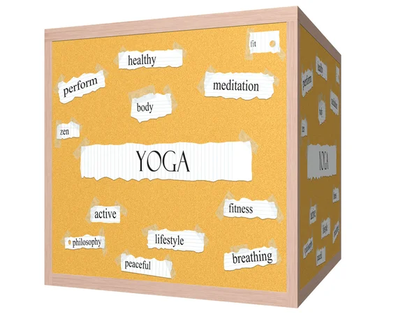 Yoga 3d kuben anslagstavlan ordet koncept — Stockfoto