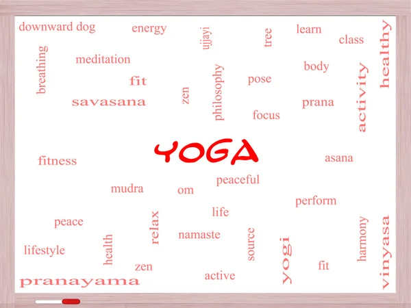 Yoga Word Cloud Concept on a Whiteboard — Stock Photo, Image