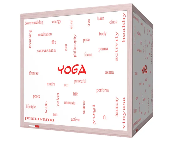 Yoga Word Cloud Concept on a 3D cube Whiteboard — Stock Photo, Image