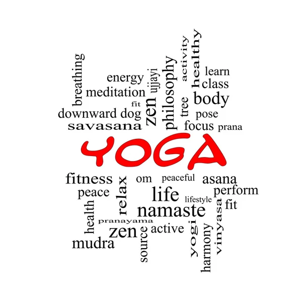 Yoga Wort Wolke Konzept in roten Mützen — Stockfoto