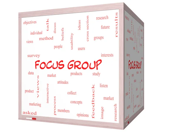 Focus Group Word Cloud Concept on a 3D cube Whiteboard — Stock Photo, Image