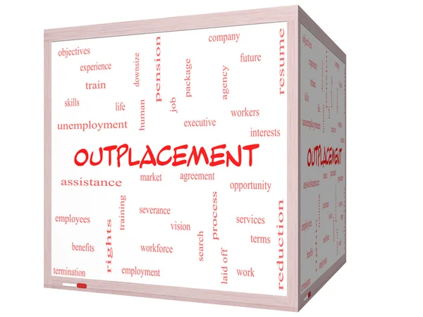 Outplacement Word Cloud Concept sur un tableau blanc de cube 3D — Photo