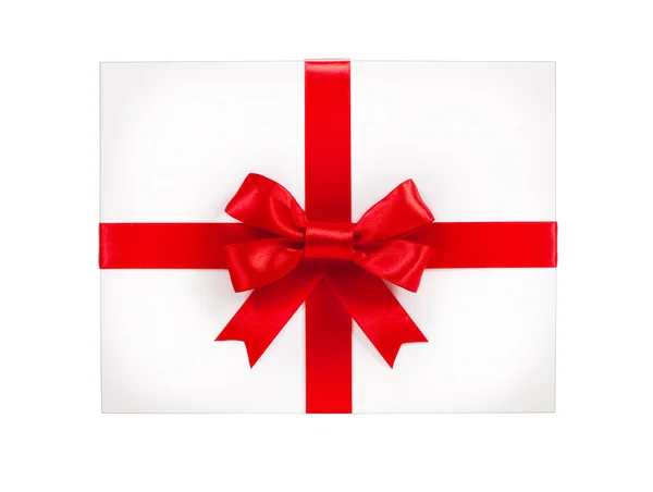 Witte geschenkdoos met red ribbon bow, geïsoleerd op wit — Stockfoto