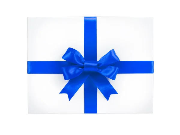 Pudełko z niebieską wstążką i łuk — Zdjęcie stockowe