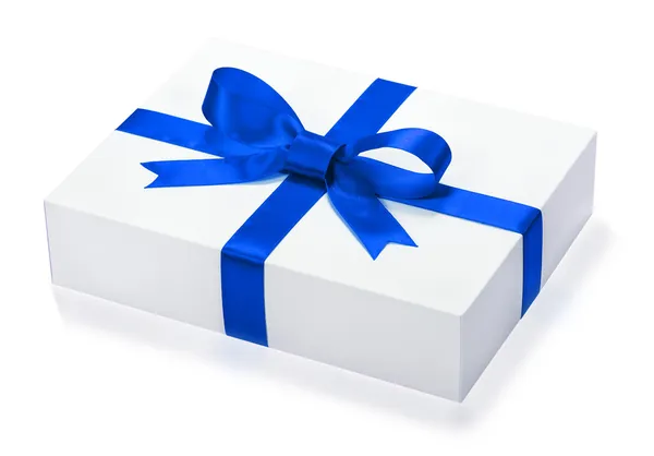 Single gift box with blue ribbon and a bow — Stock Photo, Image