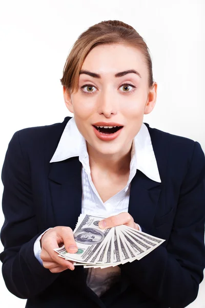 Mujer sosteniendo dinero. Concepto de dinero — Foto de Stock