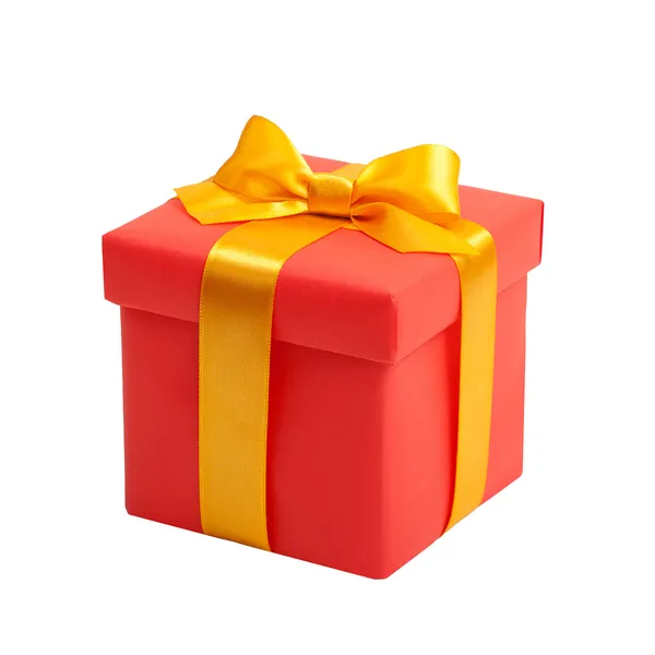 Красная коробка с желтым бантом в подарок — стоковое фото