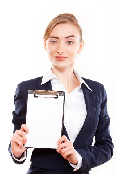 Business woman shows on your ad — Stock Photo, Image
