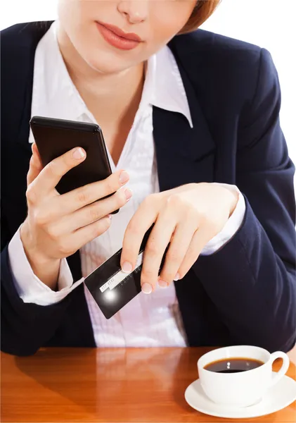 Beautiful young woman shopping over internet, — Stock Photo, Image