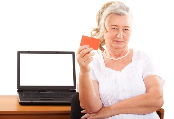 Mulher idosa fazendo compras online — Fotografia de Stock