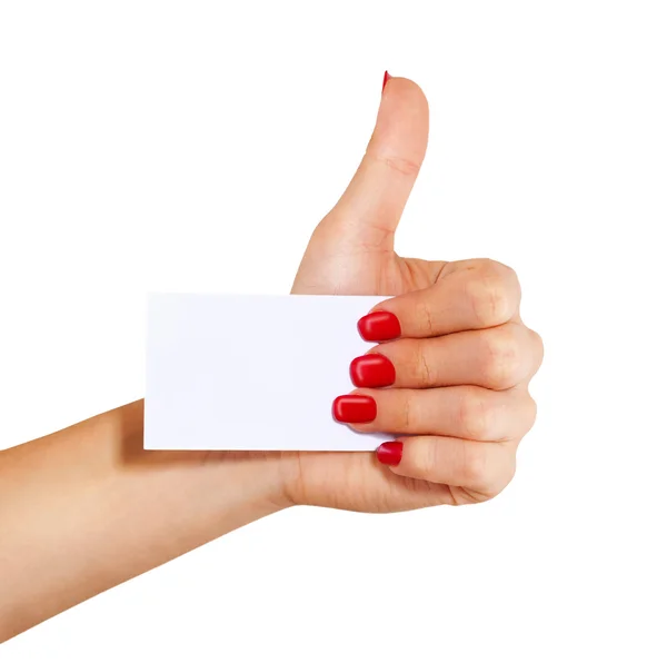 Hand with business card shows the thumb, — Stock Photo, Image